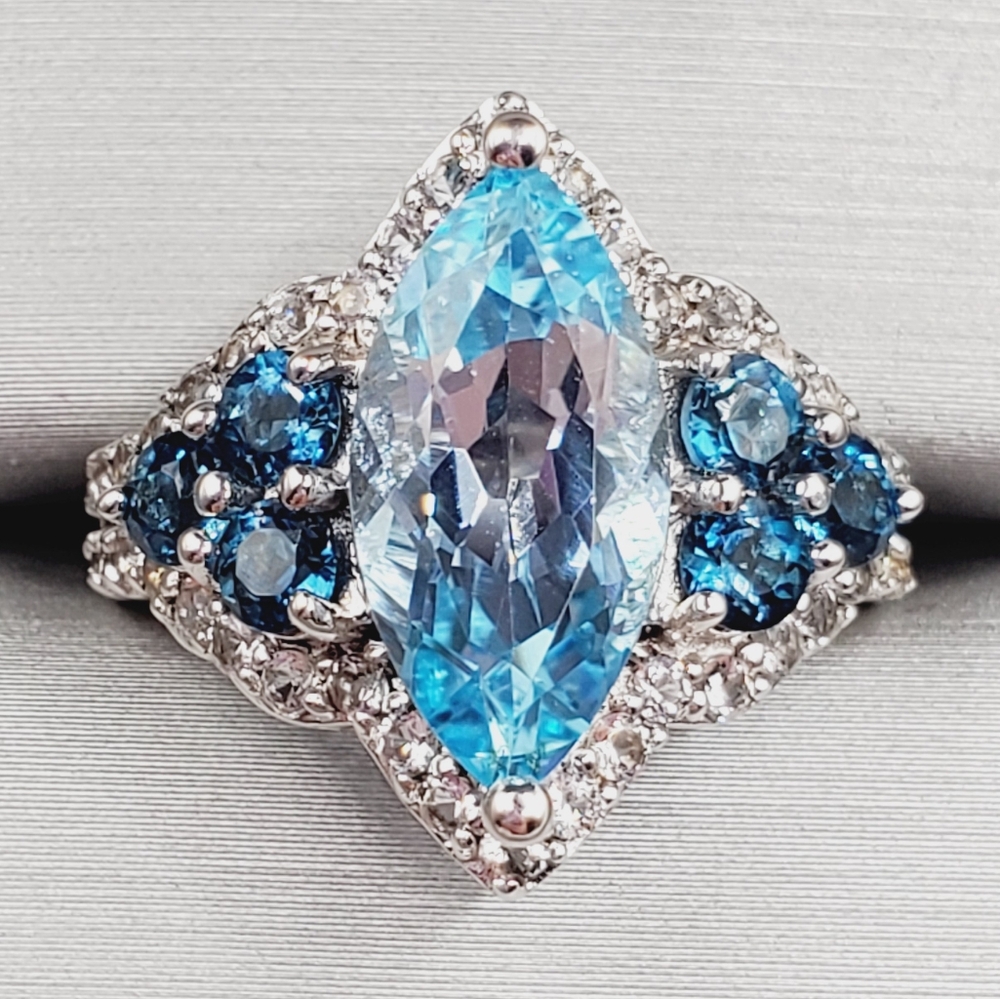 Genuine Marquise Sky, London Blue & White Topaz 925 Sterling Silver Halo Ring